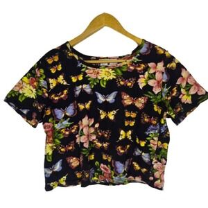 Vtg 90s Y2K Sequin Beaded Butterfly Cropped Tee Shirt Novelty Boho Indie India
